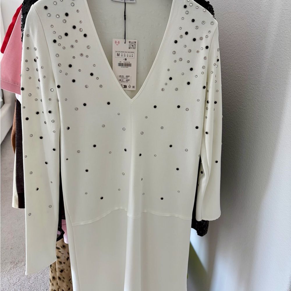 NWT Zara Dress White with Embellishments Size Medium